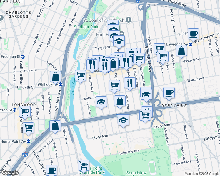 map of restaurants, bars, coffee shops, grocery stores, and more near 1136 Wheeler Avenue in The Bronx