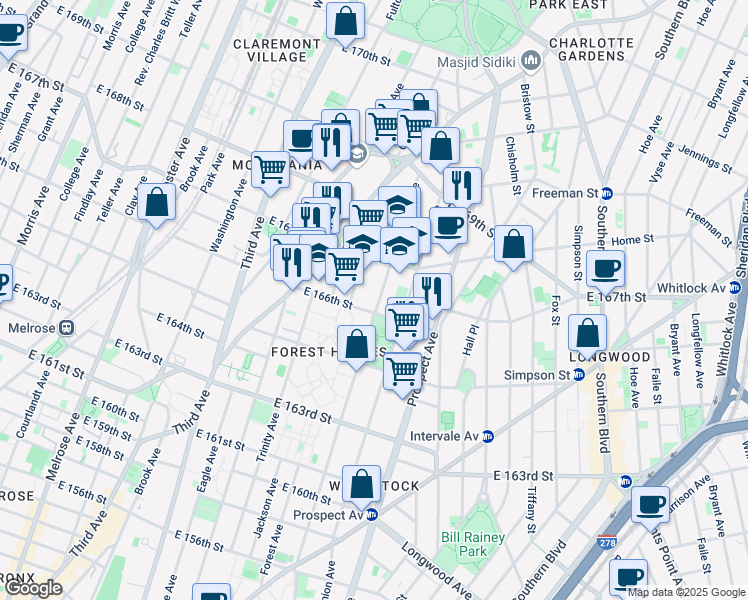 map of restaurants, bars, coffee shops, grocery stores, and more near 1106 Forest Avenue in Bronx