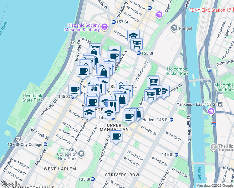 map of restaurants, bars, coffee shops, grocery stores, and more near 416 West 149th Street in New York