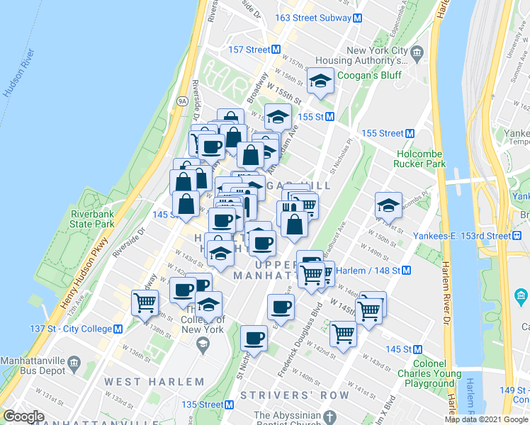 map of restaurants, bars, coffee shops, grocery stores, and more near 465 West 148th Street in New York