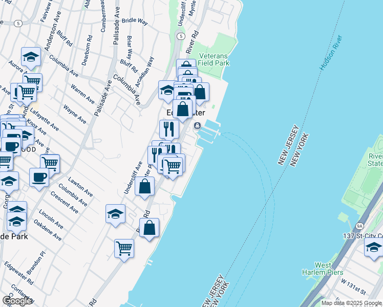 map of restaurants, bars, coffee shops, grocery stores, and more near 945 River Road in Edgewater