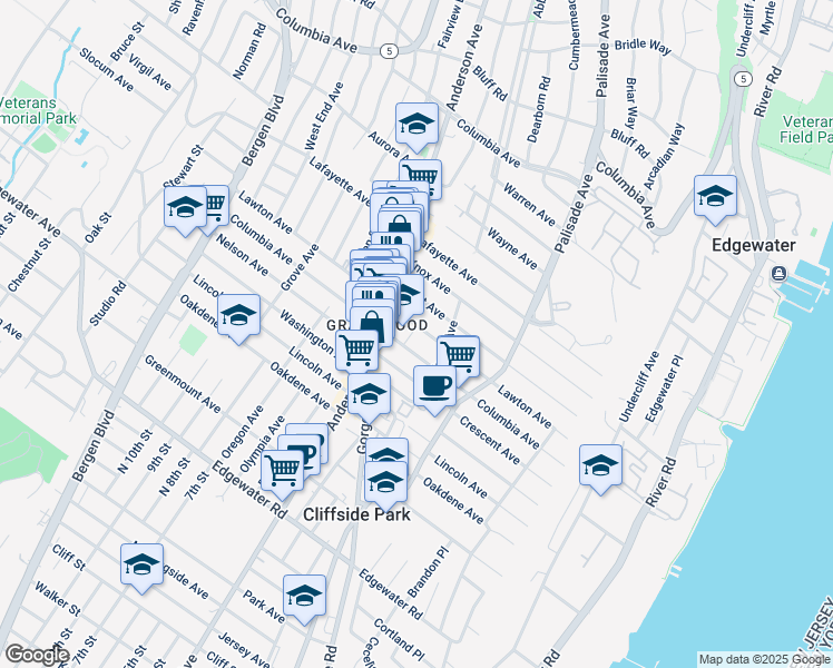 map of restaurants, bars, coffee shops, grocery stores, and more near 279 Columbia Avenue in Cliffside Park