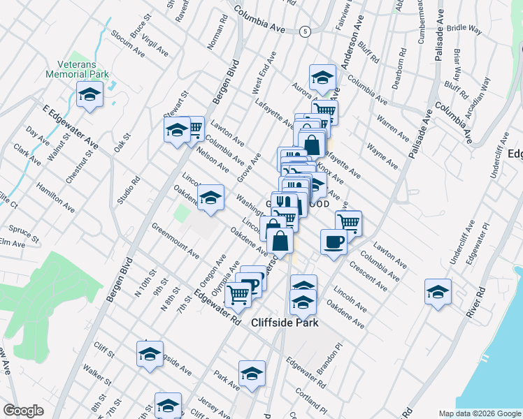 map of restaurants, bars, coffee shops, grocery stores, and more near 388 Nelson Avenue in Cliffside Park