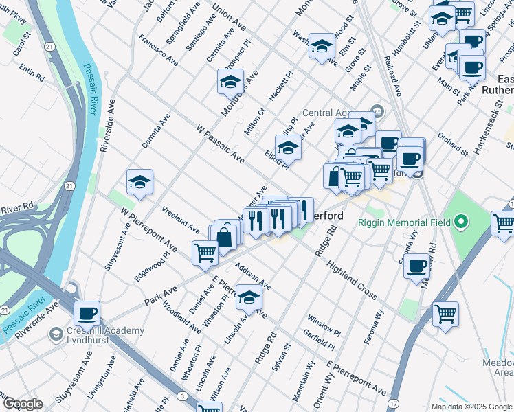 map of restaurants, bars, coffee shops, grocery stores, and more near 39 Donaldson Avenue in Rutherford