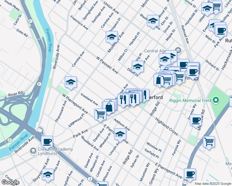 map of restaurants, bars, coffee shops, grocery stores, and more near 79 Donaldson Avenue in Rutherford