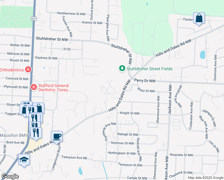 map of restaurants, bars, coffee shops, grocery stores, and more near 7451 Quail Hollow Street Northwest in Massillon