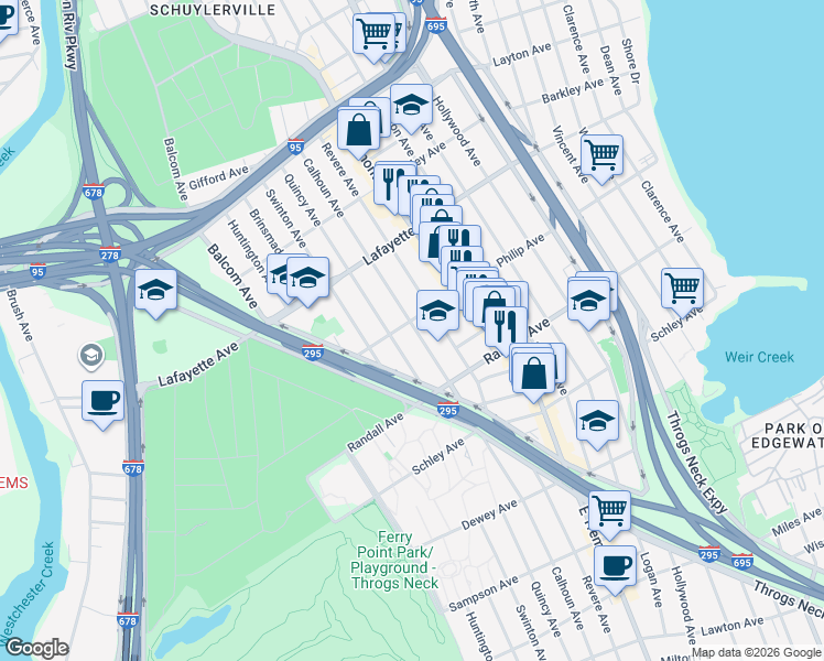 map of restaurants, bars, coffee shops, grocery stores, and more near 801 Calhoun Avenue in Bronx