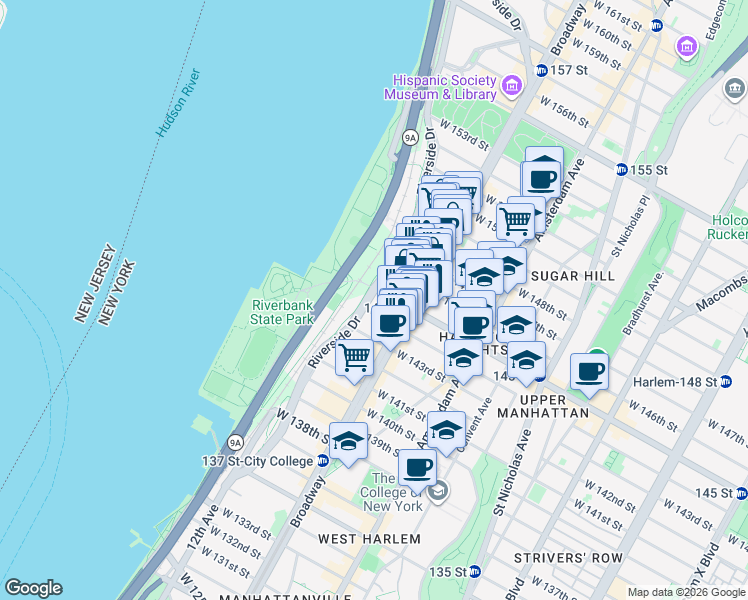 map of restaurants, bars, coffee shops, grocery stores, and more near 676 Riverside Drive in New York