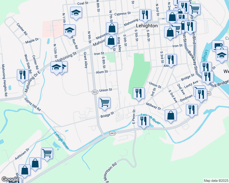 map of restaurants, bars, coffee shops, grocery stores, and more near 428 South 7th Street in Lehighton
