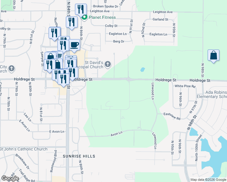 map of restaurants, bars, coffee shops, grocery stores, and more near 8801 Holdrege Street in Lincoln