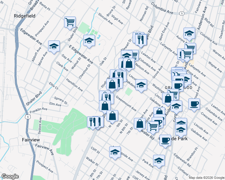 map of restaurants, bars, coffee shops, grocery stores, and more near 553 Bergen Boulevard in Ridgefield