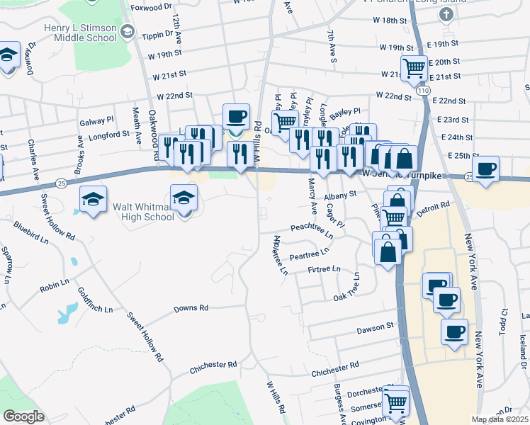 map of restaurants, bars, coffee shops, grocery stores, and more near 310 West Hills Road in Huntington Station