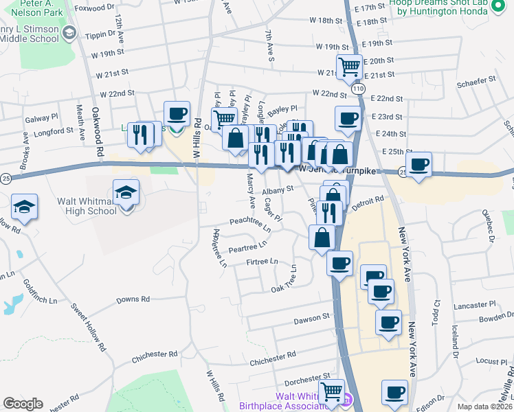 map of restaurants, bars, coffee shops, grocery stores, and more near 22 Marcy Avenue in Huntington Station