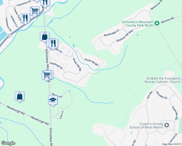 map of restaurants, bars, coffee shops, grocery stores, and more near 2 Knob Hill Road in Hackettstown