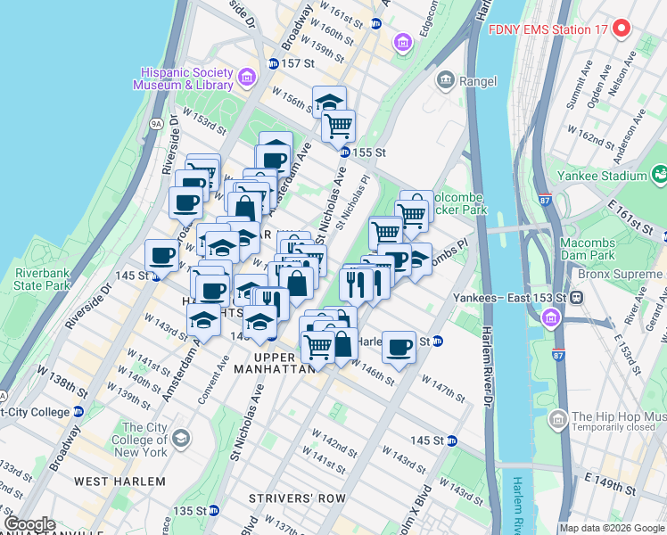 map of restaurants, bars, coffee shops, grocery stores, and more near in New York