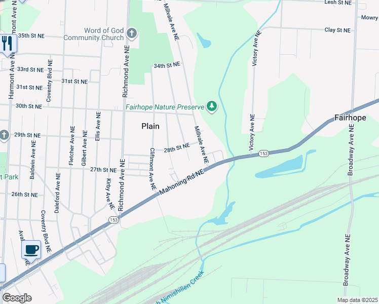 map of restaurants, bars, coffee shops, grocery stores, and more near 2702 Long Avenue Northeast in Canton