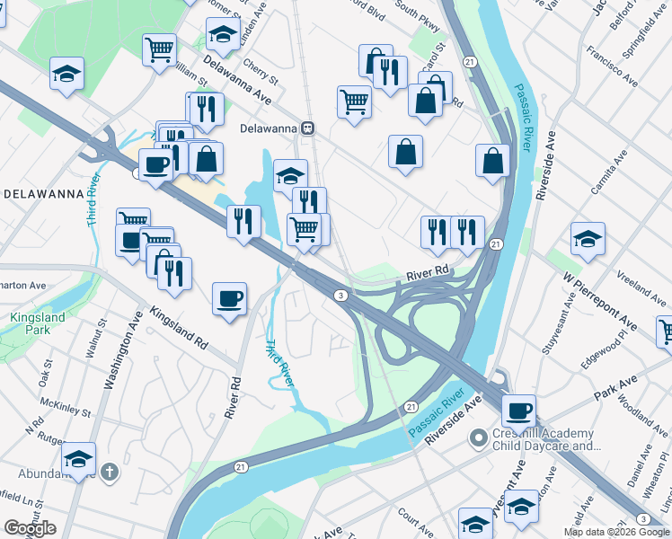 map of restaurants, bars, coffee shops, grocery stores, and more near 261 River Road in Clifton