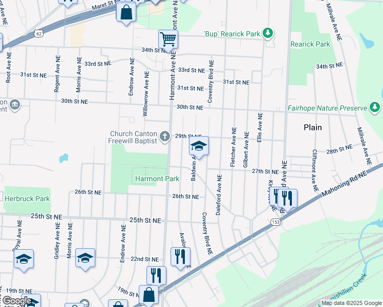 map of restaurants, bars, coffee shops, grocery stores, and more near 2733 Baldwin Avenue Northeast in Canton