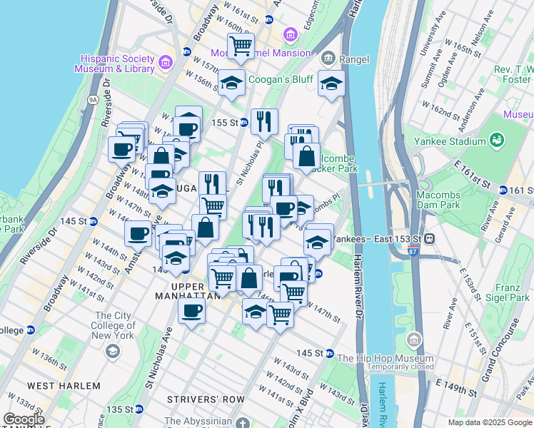 map of restaurants, bars, coffee shops, grocery stores, and more near 186 Bradhurst Avenue in New York