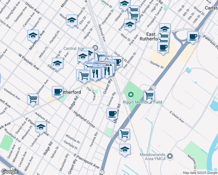 map of restaurants, bars, coffee shops, grocery stores, and more near 22 Orient Way in Rutherford