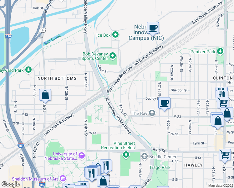 map of restaurants, bars, coffee shops, grocery stores, and more near 1335 North 17th Street in Lincoln
