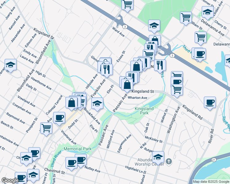 map of restaurants, bars, coffee shops, grocery stores, and more near 119 Kingsland Street in Nutley