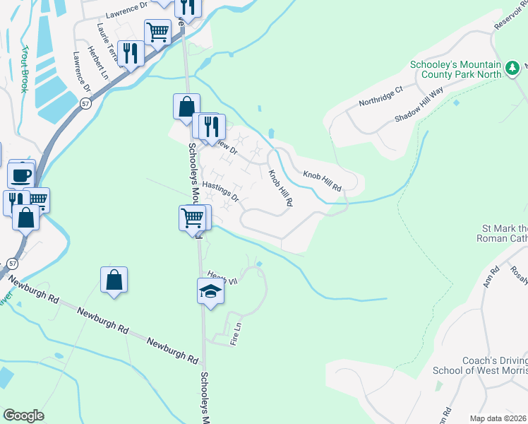 map of restaurants, bars, coffee shops, grocery stores, and more near 43 Knob Hill Road in Hackettstown