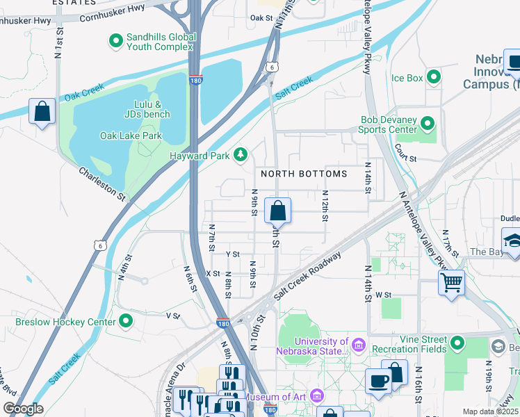 map of restaurants, bars, coffee shops, grocery stores, and more near 910 New Hampshire Street in Lincoln