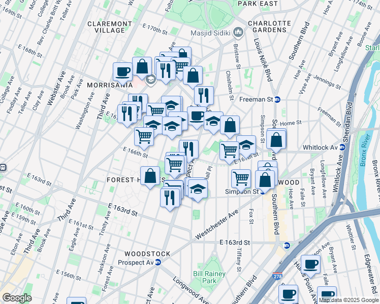 map of restaurants, bars, coffee shops, grocery stores, and more near 1137 Prospect Avenue in The Bronx