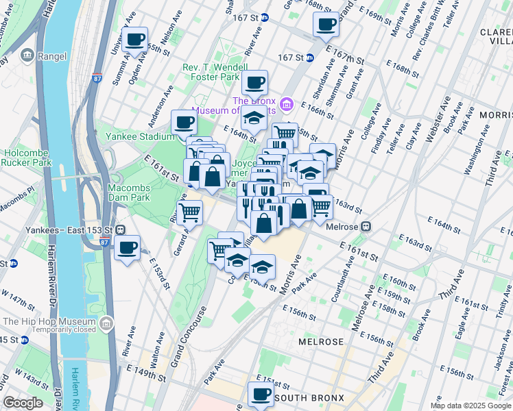 map of restaurants, bars, coffee shops, grocery stores, and more near 177 East 161 Street in Bronx