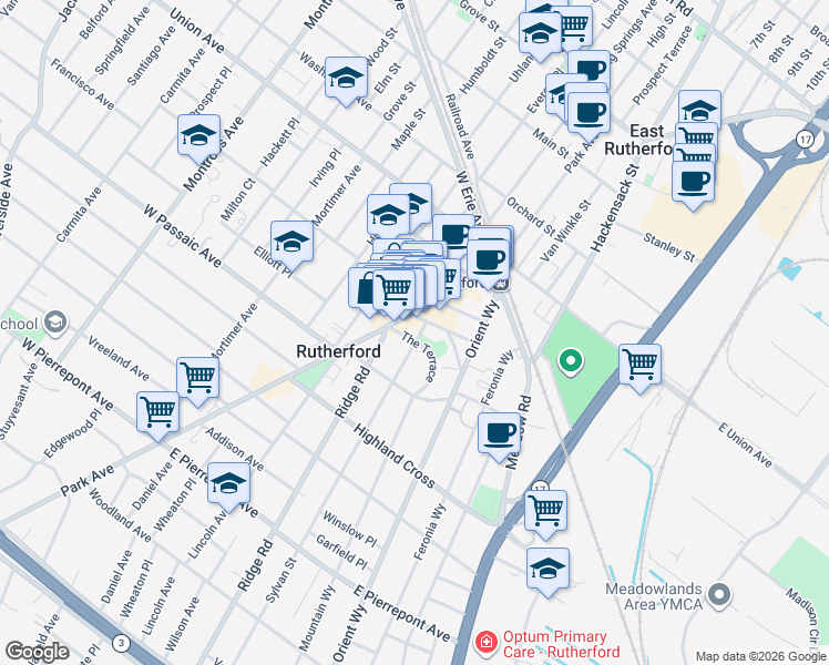 map of restaurants, bars, coffee shops, grocery stores, and more near in Rutherford