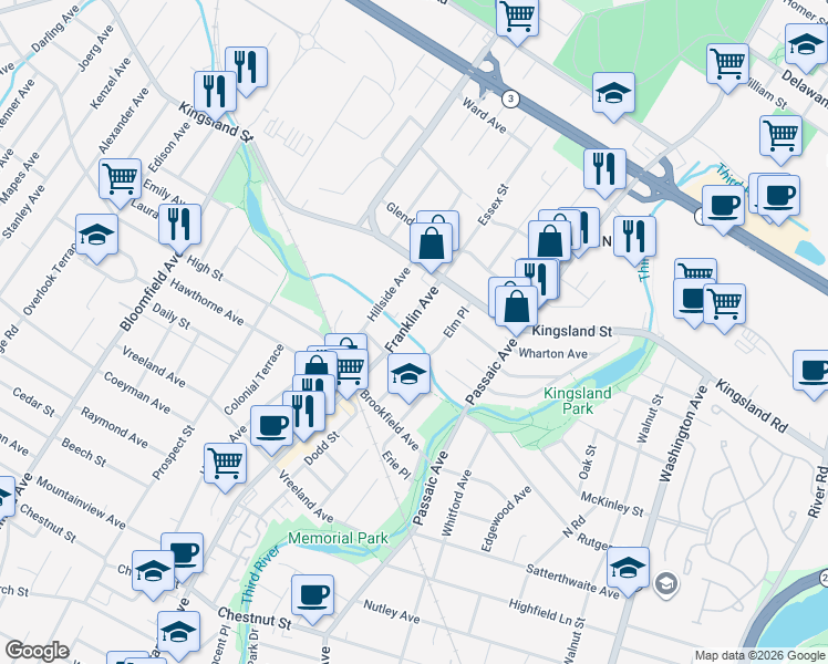 map of restaurants, bars, coffee shops, grocery stores, and more near 641 Franklin Avenue in Nutley
