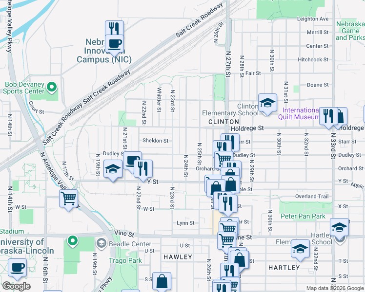 map of restaurants, bars, coffee shops, grocery stores, and more near 1340 North 24th Street in Lincoln