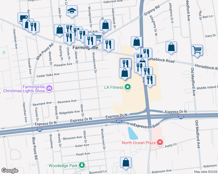 map of restaurants, bars, coffee shops, grocery stores, and more near 2 Pinedale Avenue in Farmingville