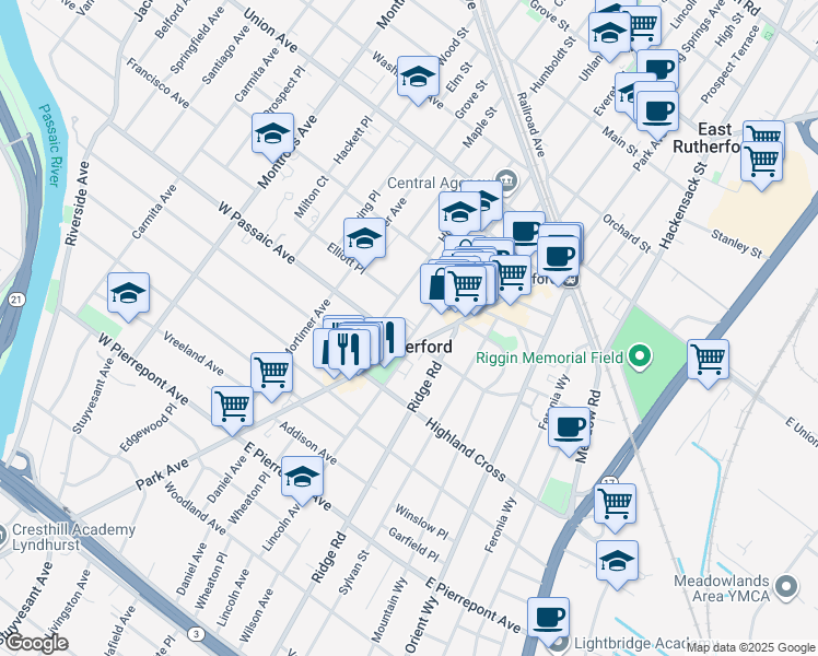 map of restaurants, bars, coffee shops, grocery stores, and more near 162 Chestnut Street in Rutherford