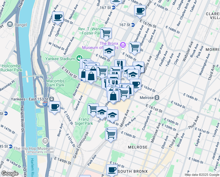 map of restaurants, bars, coffee shops, grocery stores, and more near 177 East 161st Street in The Bronx