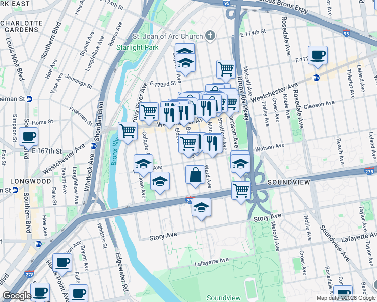 map of restaurants, bars, coffee shops, grocery stores, and more near 1115 Boynton Avenue in Bronx
