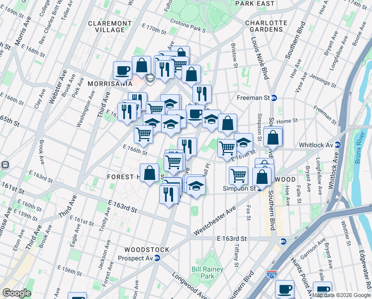 map of restaurants, bars, coffee shops, grocery stores, and more near 1137 Prospect Avenue in The Bronx