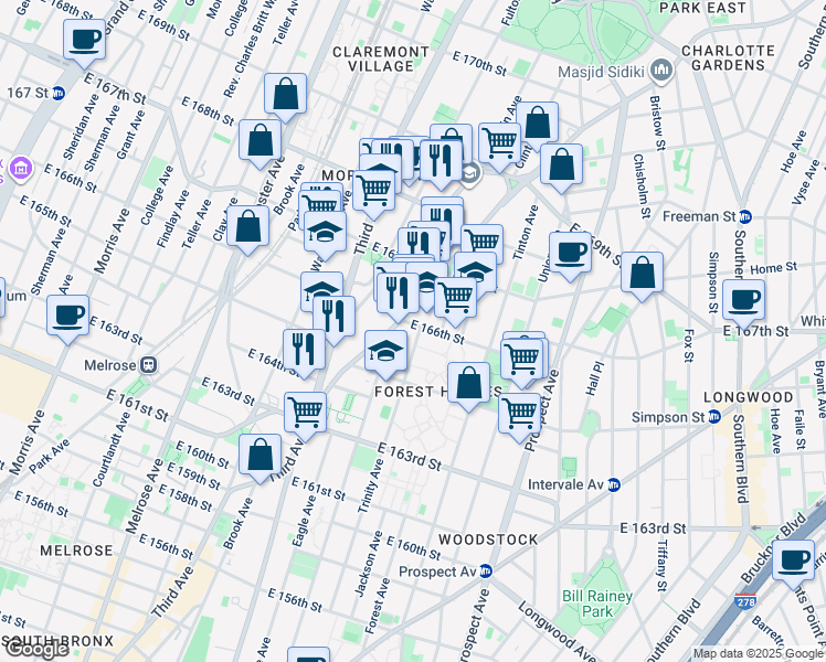 map of restaurants, bars, coffee shops, grocery stores, and more near 1086 Boston Road in The Bronx