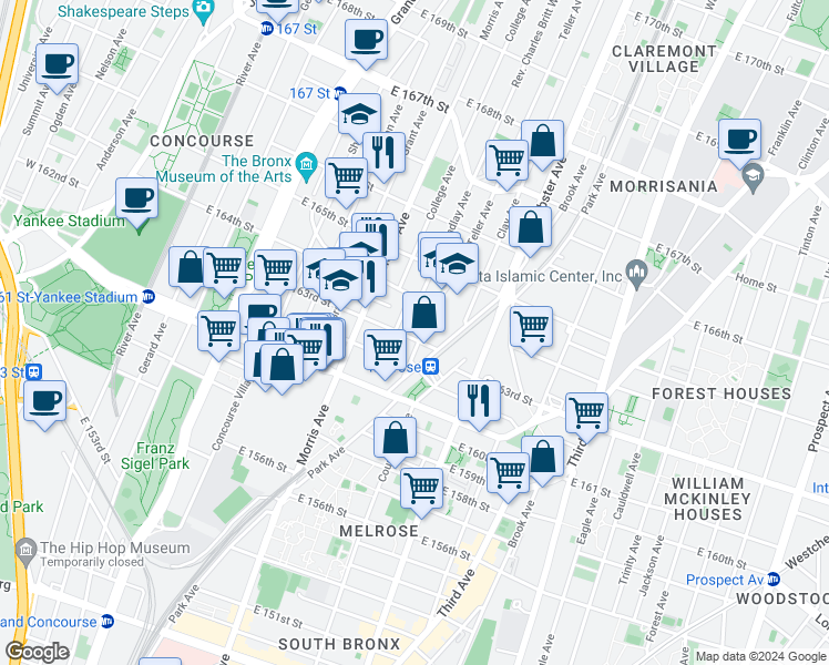 map of restaurants, bars, coffee shops, grocery stores, and more near 963 Teller Avenue in The Bronx