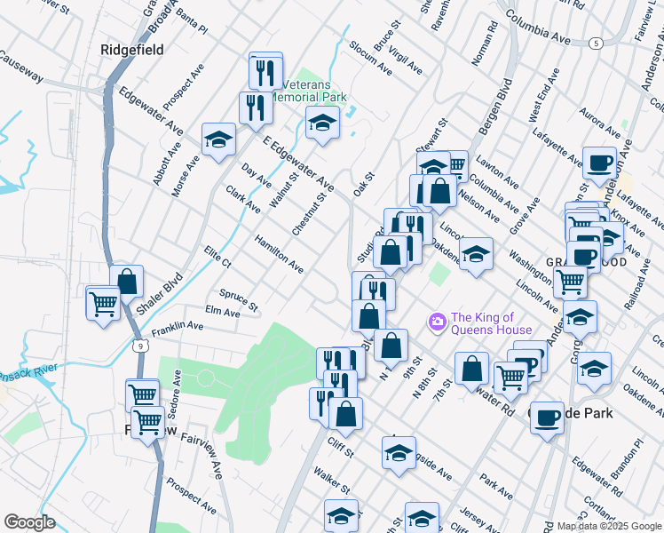 map of restaurants, bars, coffee shops, grocery stores, and more near 444 Oak Street in Ridgefield