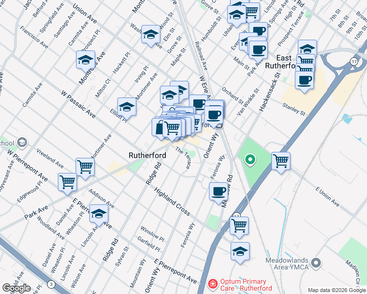 map of restaurants, bars, coffee shops, grocery stores, and more near in Rutherford