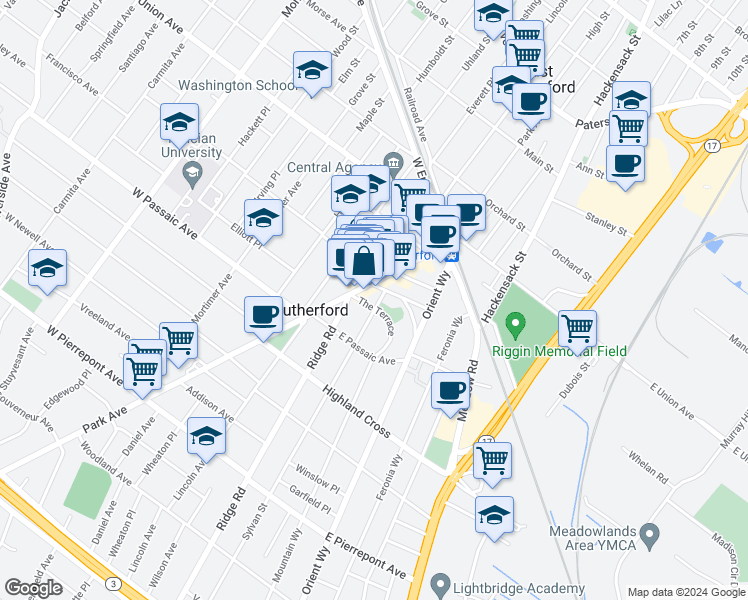 map of restaurants, bars, coffee shops, grocery stores, and more near in Rutherford