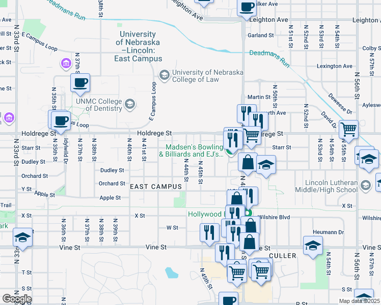 map of restaurants, bars, coffee shops, grocery stores, and more near 1337 North 44th Street in Lincoln