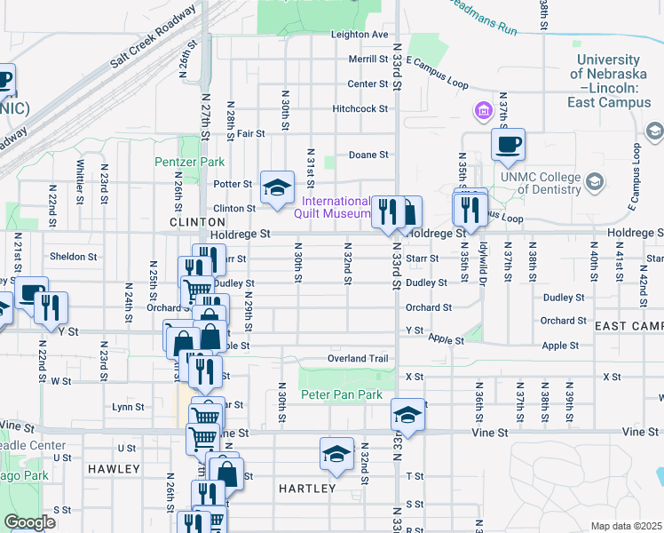 map of restaurants, bars, coffee shops, grocery stores, and more near 3045 Starr Street in Lincoln
