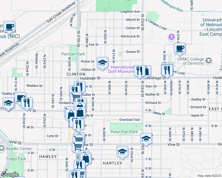 map of restaurants, bars, coffee shops, grocery stores, and more near 1335 North 30th Street in Lincoln