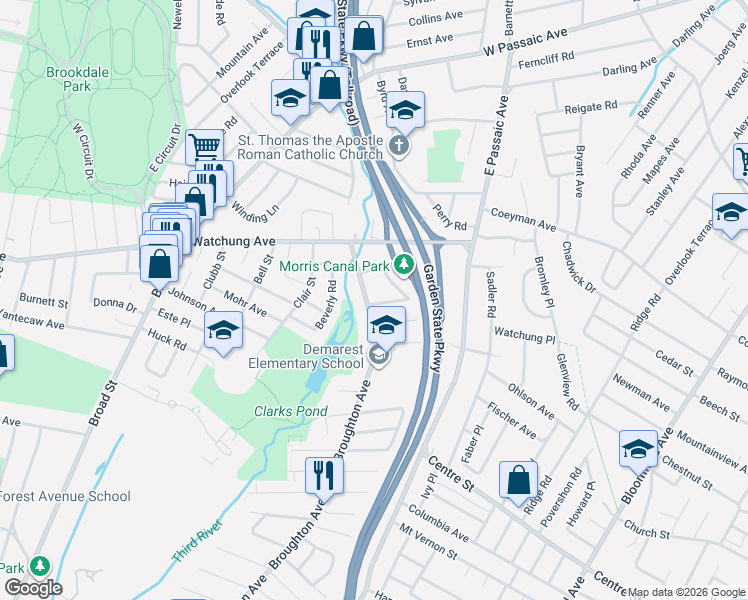 map of restaurants, bars, coffee shops, grocery stores, and more near 16 Pierson Street in Bloomfield