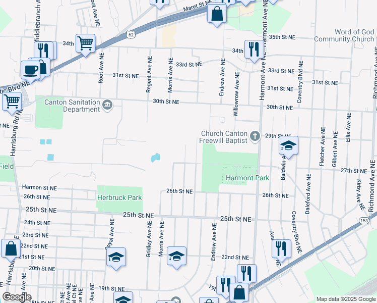 map of restaurants, bars, coffee shops, grocery stores, and more near 2730 Dorothy Avenue Northeast in Canton