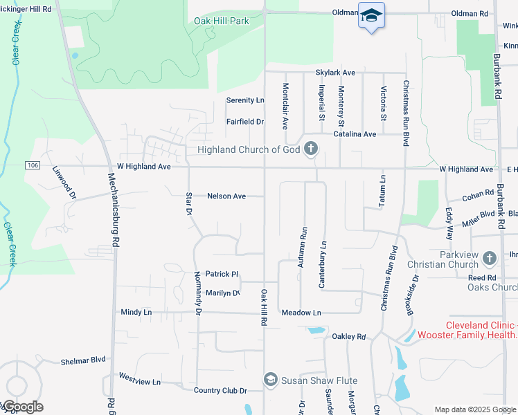 map of restaurants, bars, coffee shops, grocery stores, and more near 2242 Oak Hill Road in Wooster