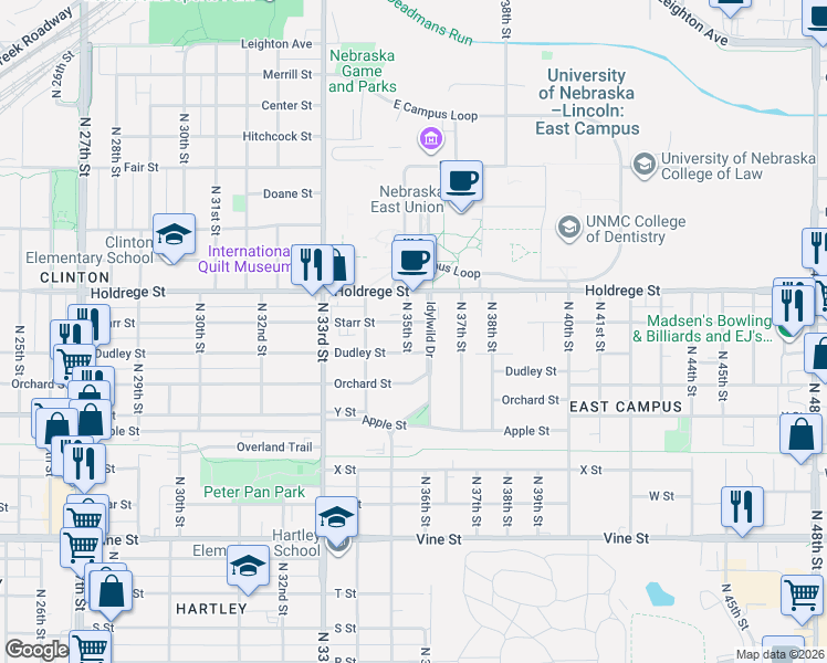 map of restaurants, bars, coffee shops, grocery stores, and more near 1339 Idylwild Drive in Lincoln